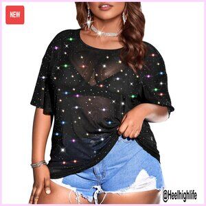Plus Size Glitter Sheer Mesh Top Half Sleeves Round Neck Sparkly